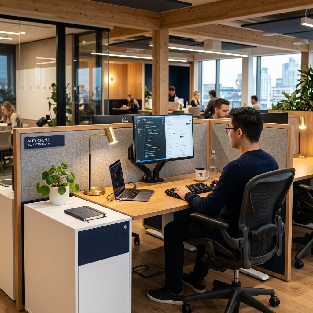 Dedicated desk workspace with personal storage